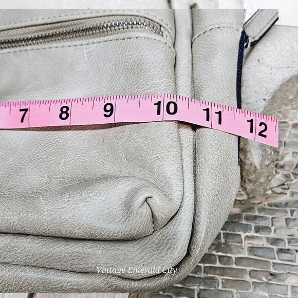 Faux Leather Gray Backpack Blue And White Belt Straps Travel Work Unisex READ - Picture 11 of 15